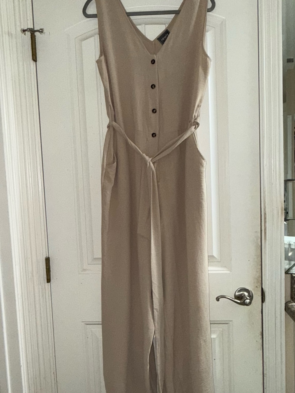 Ninety Beige Sleeveless V-Neck Button Jumpsuit with Tie Waist